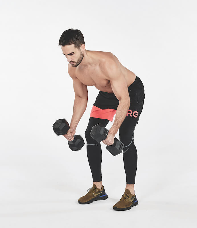 Topless man performs reverse flye exercise with dumbbells