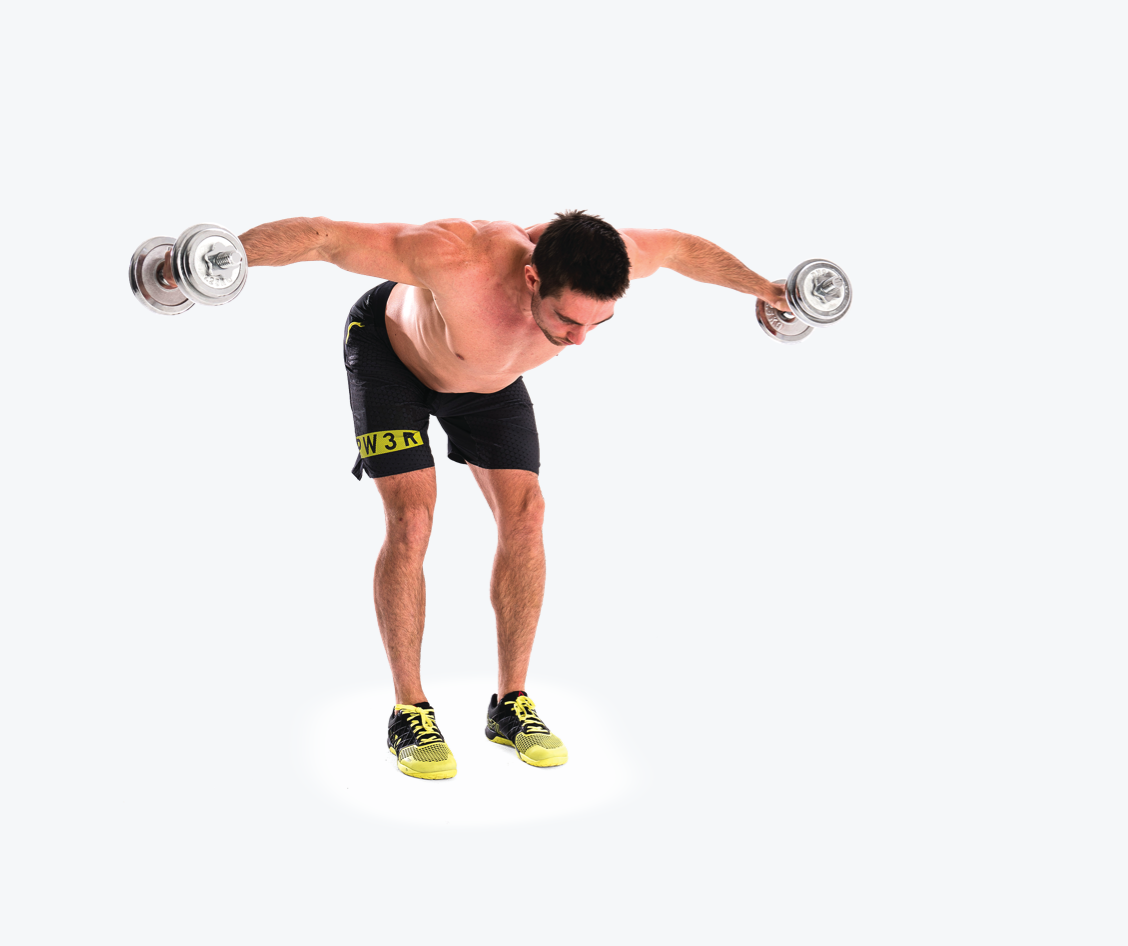 man demonstrated reverse lateral raise; bent forwards at the hips, he holds two dumbbells with palms facing, then lifts his arms out to the side until level with his shoulders