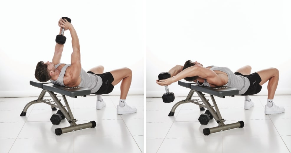 man demonstrates how to do a dumbbell pullover; with his back resting on a workout bench, knees bent and feet on the floor, he holds one dumbbell in both hands above his chest; then, he lowers the dumbbell down behind his head before repeating