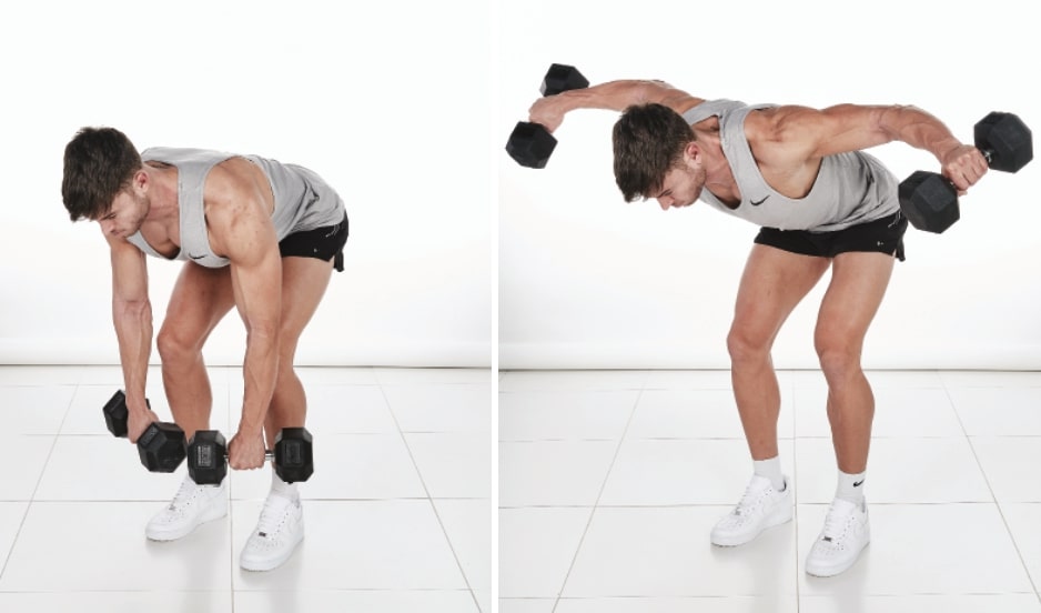 man demonstrates how to do the reverse dumbbell flye; bent at the hips and with slightly bent knees, he holds a dumbbell in each arm in front of his shins; then, he pulls his arms upwards either side of his body, raising the dumbbells to be level with his shoulders