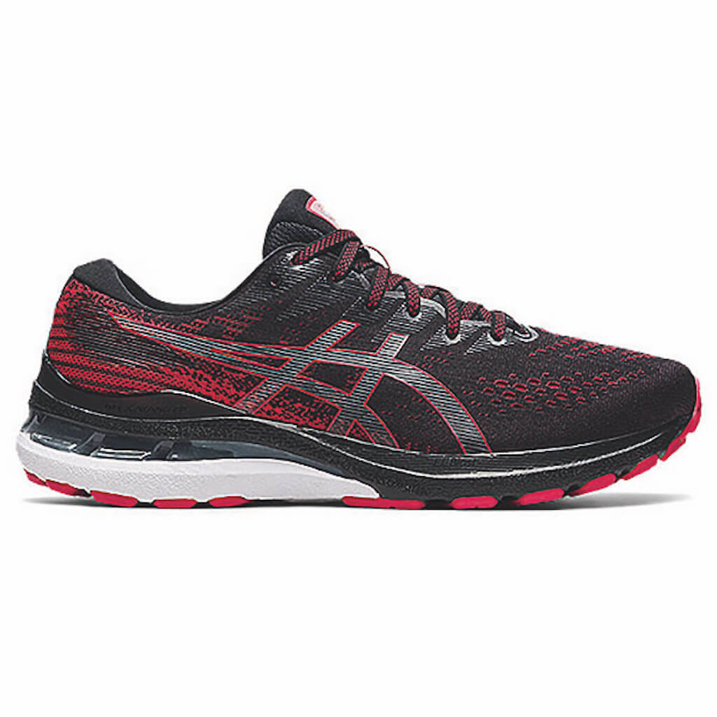 black white and red trainers for men from Asics on white background