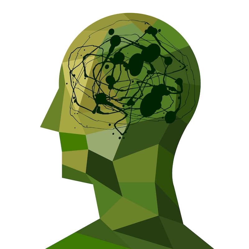 Illustration of man's head with brain represented by squiggly lines, to show the effects of PTSD