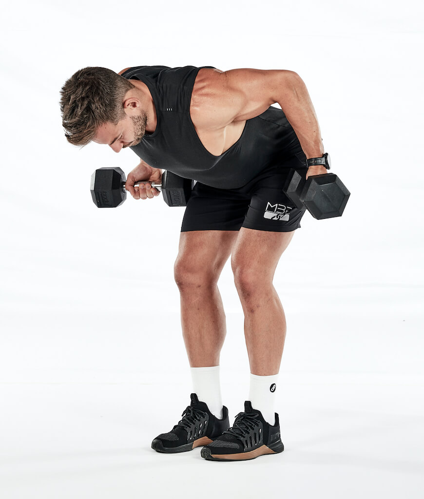 Two stages of the dumbbell reverse grip bent-over row – holding dumbbells with palms facing forwards, bent knees, leaning forward from the hips, with weights hanging at knee level; then still leaning forward with weights pulled up towards lower sternum