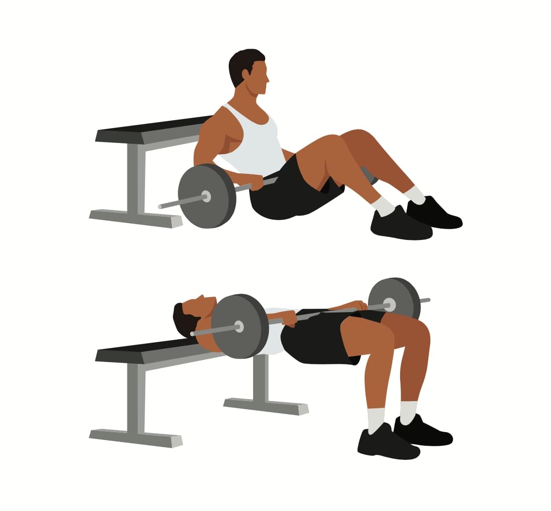 Illustration of how to properly perform a barbell hip thrust