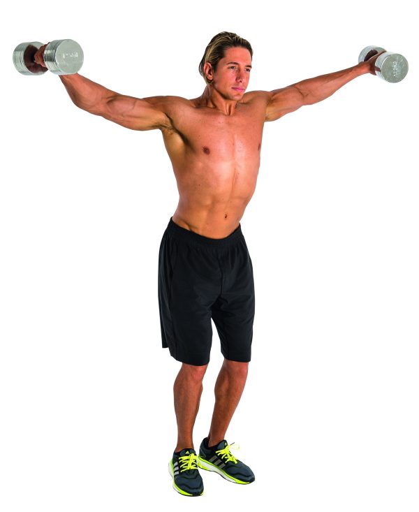 Man performing dumbbell lateral raise as part of shoulder workout