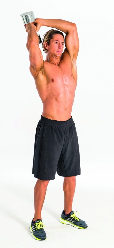 Man performing dumbbell halo in shoulder workout