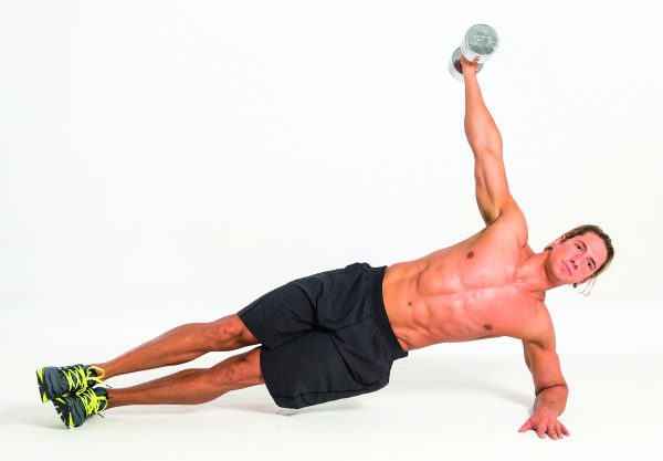 Man performing side plank with lateral raise