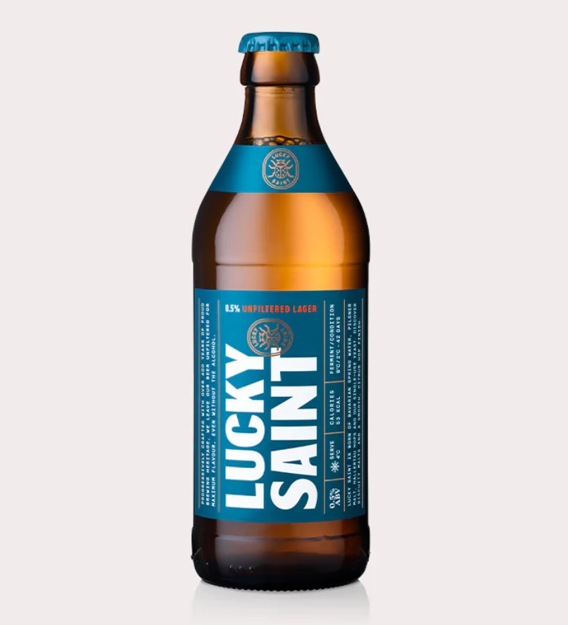 A bottle of alcohol-free Lucky Saint beer