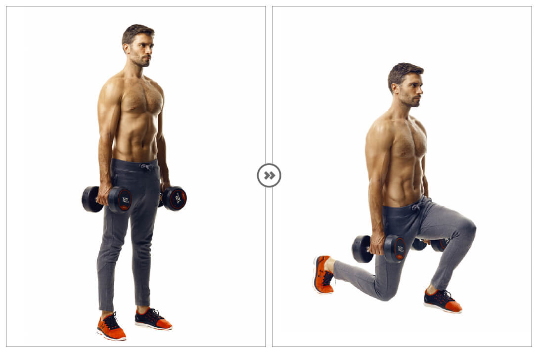 man performing dumbbell lunge in 6 week fat loss plan