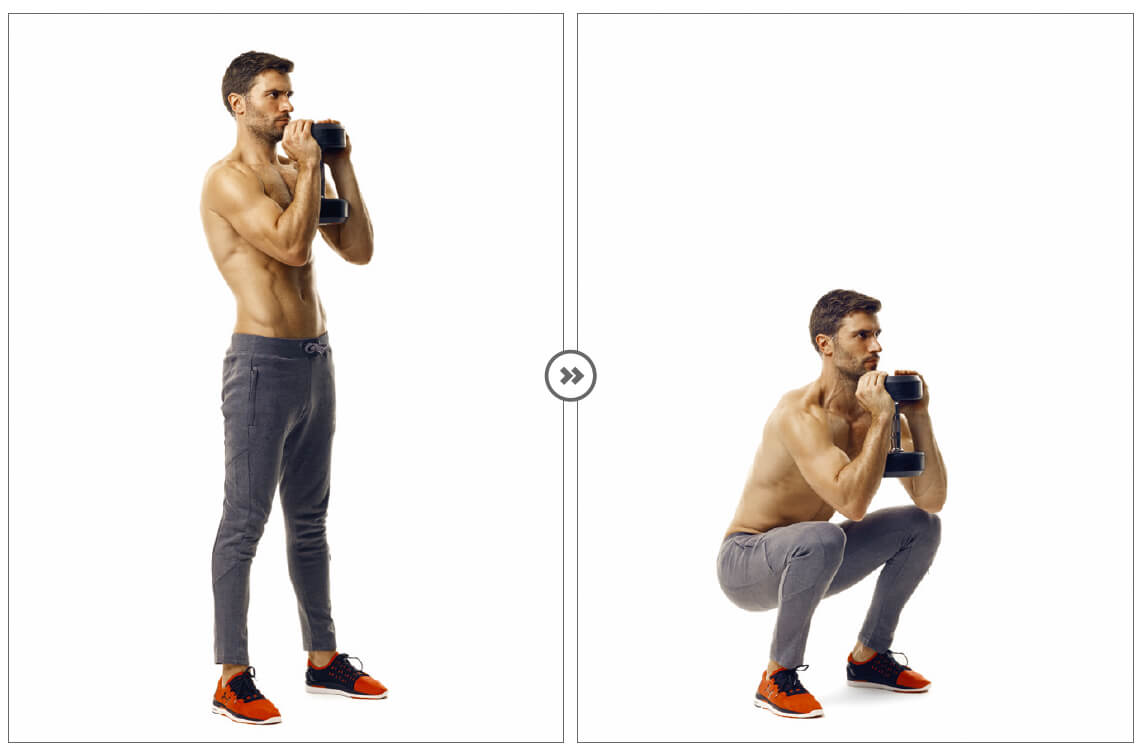 man performing dumbbell goblet squat in 6 week fat loss plan