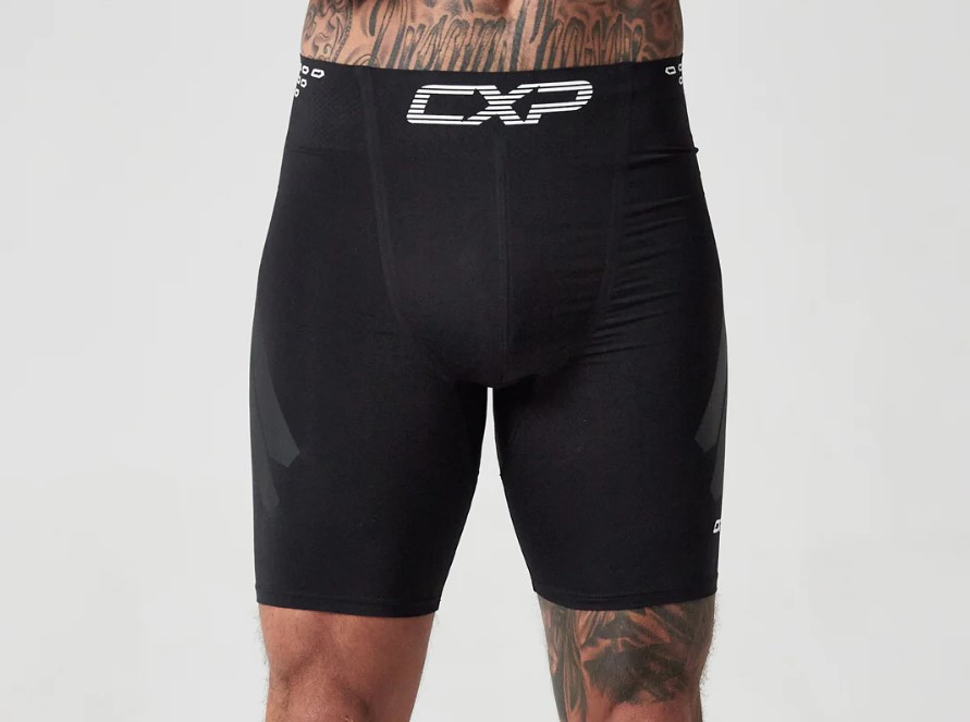 Product shot of a man wearing CXP compression shorts, some of the best moisture-wicking underwear