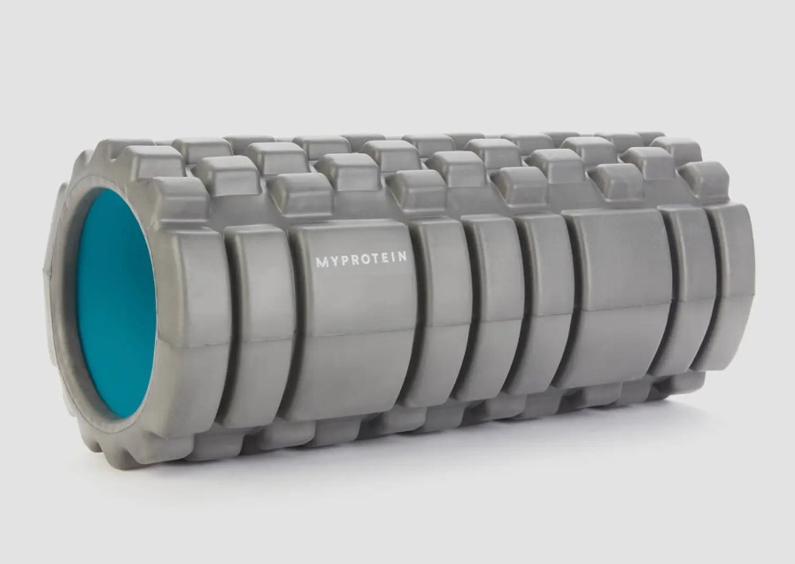 Product shot of a grey foam roller from Myprotein
