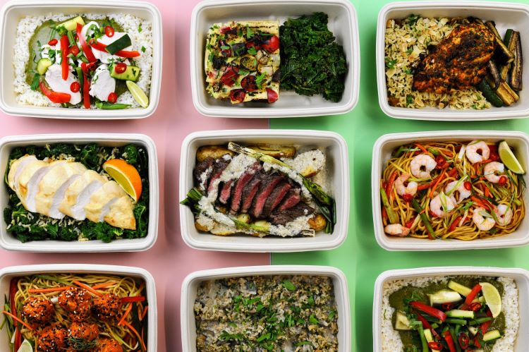 Overhead view of lots of pre-prepared box meals