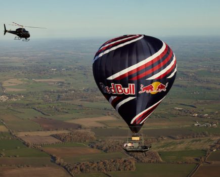 Kriss Kyle rides his BMX on a skate park in the sky as part of Red Bull's Don't Look Down stunt