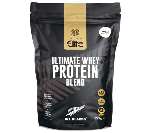 Product shot of Elite All Blacks protein powder blend
