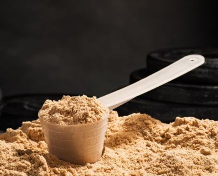 A scoop of protein powder with weights in the background