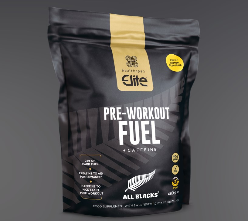 Product shot of a packet of Healthspan Elite All Blacks Pre-Workout Fuel