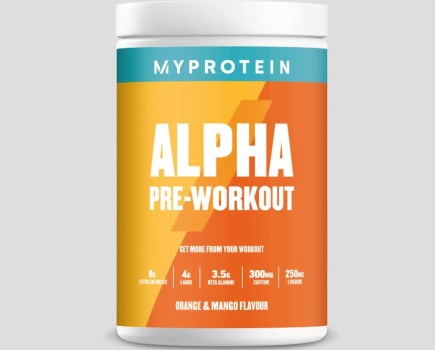 Product shot of a tub of Myprotein Alpha Pre-Workout