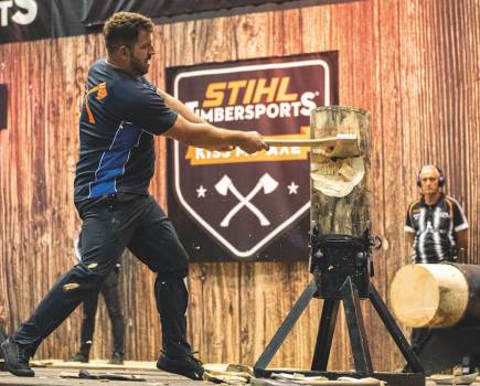 British Timbersports athlete Graham Turner competes in the 2021 STIHL Timbersports Championship