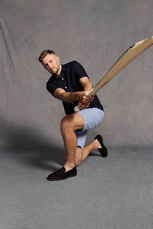 Joe Root swings cricket bat for Charles Tyrwhitt photo shoot