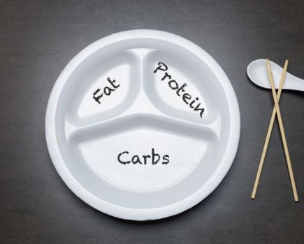 An empty plate divided into three with fat, carbs and protein written on it