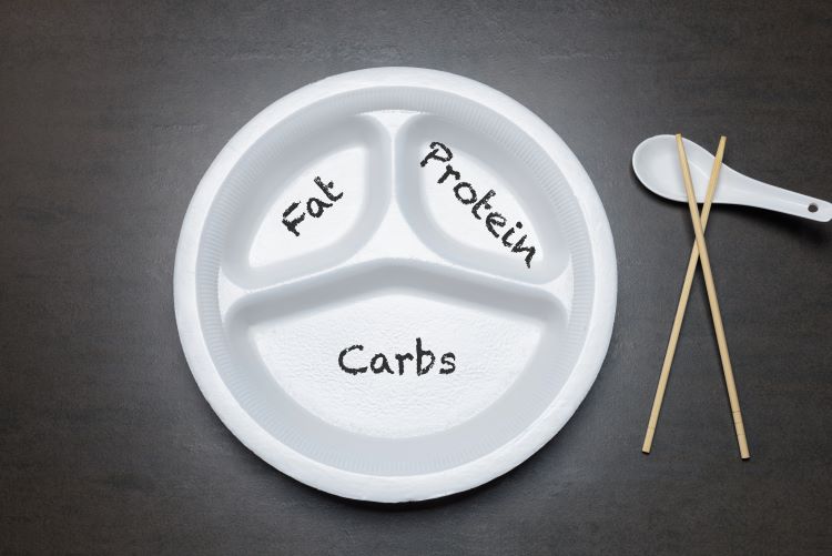 An empty plate divided into three with fat, carbs and protein written on it
