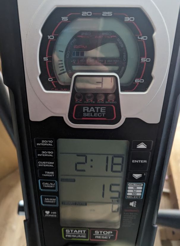 Air bike console showing an exercise readout