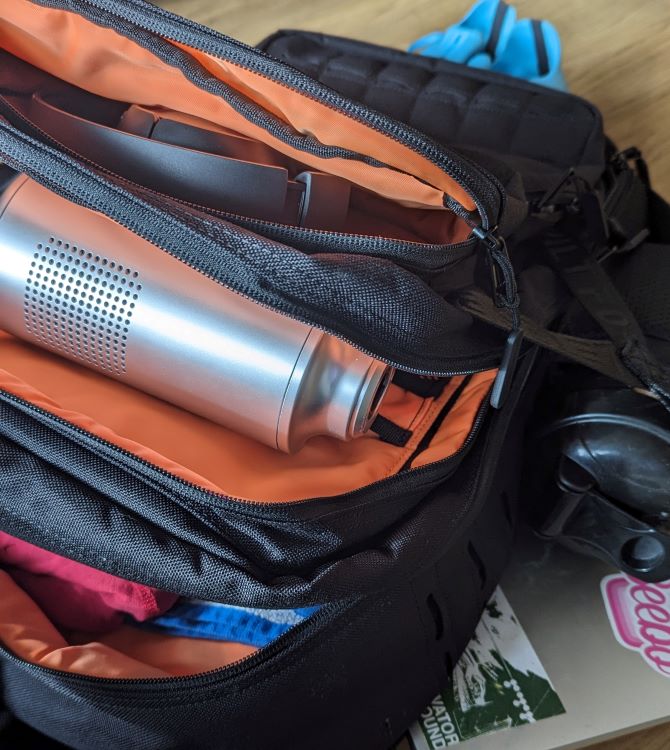 Close-up of the contents of a gym bag