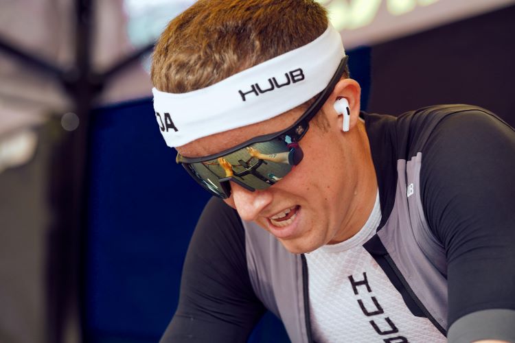 Close-up of a triathlete wearing cycling glasses