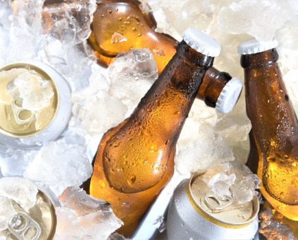 beer bottle and can chilled in ice