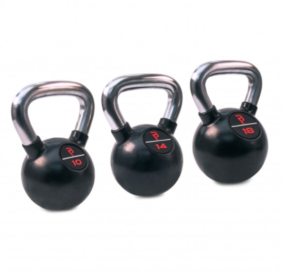 Product shot of three Body Power kettlebells