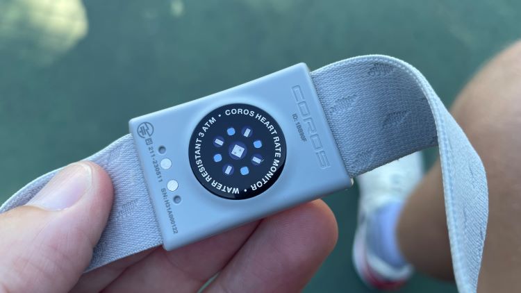 Close up view of the sensors on a Coros heart rate monitor
