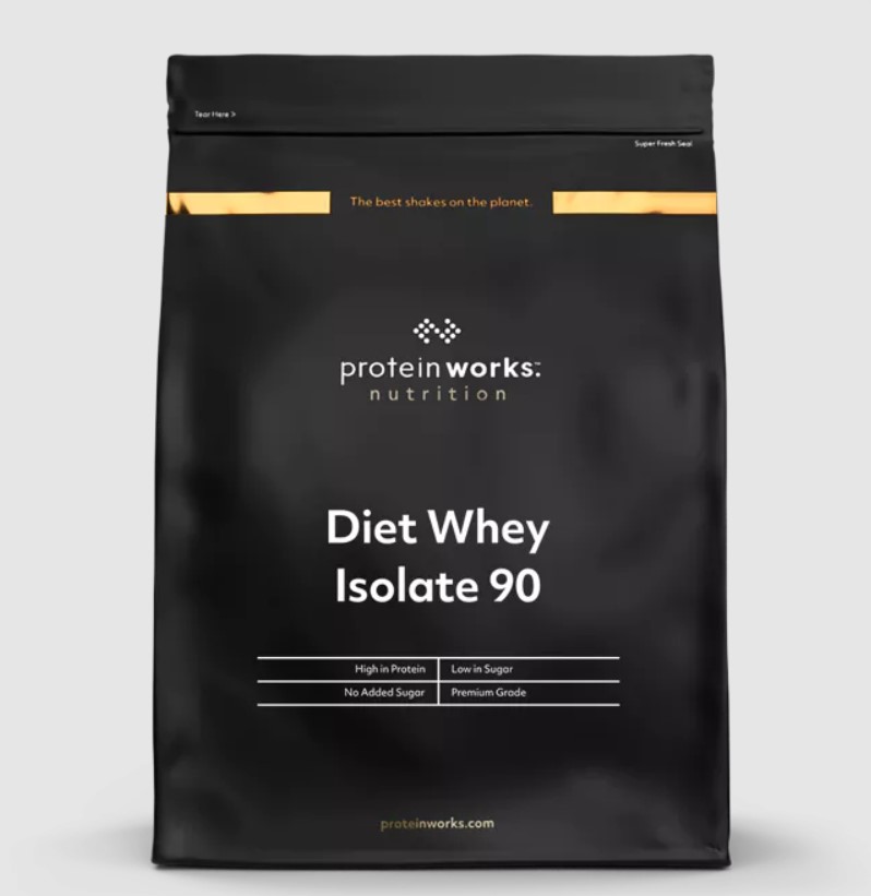 Product shot of diet whey protein powder