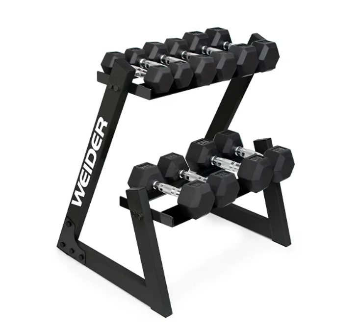 Product shot of dumbbells on a rack