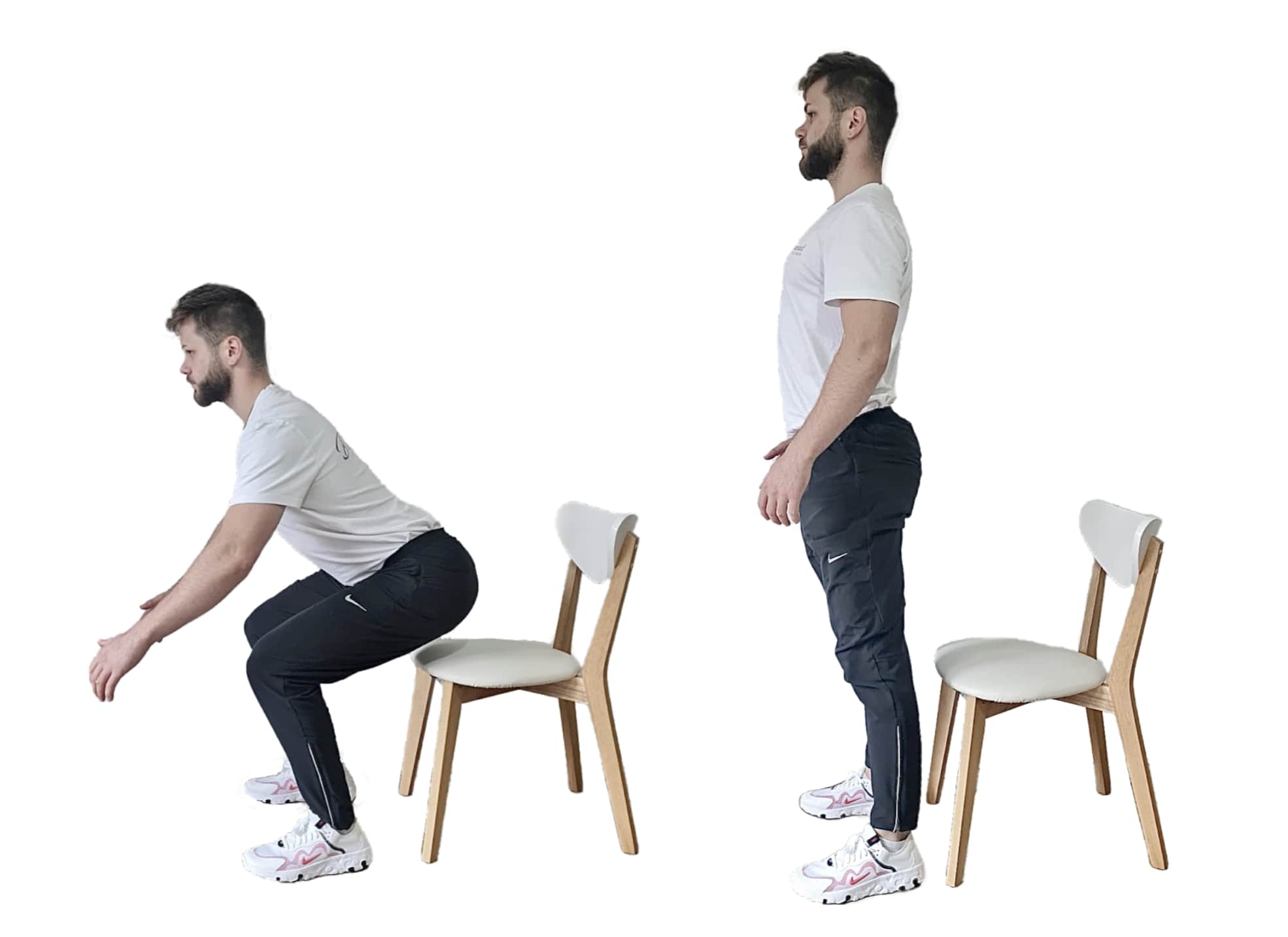 Man demonstrating squat exercise onto chair