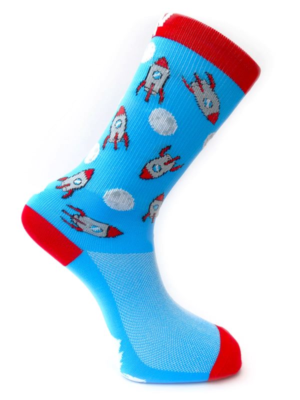 Product shot of a running sock with rockets on it