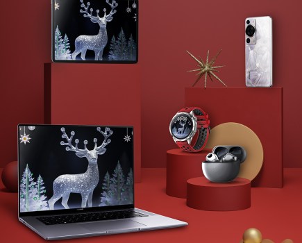 Huawei products lined up on red background