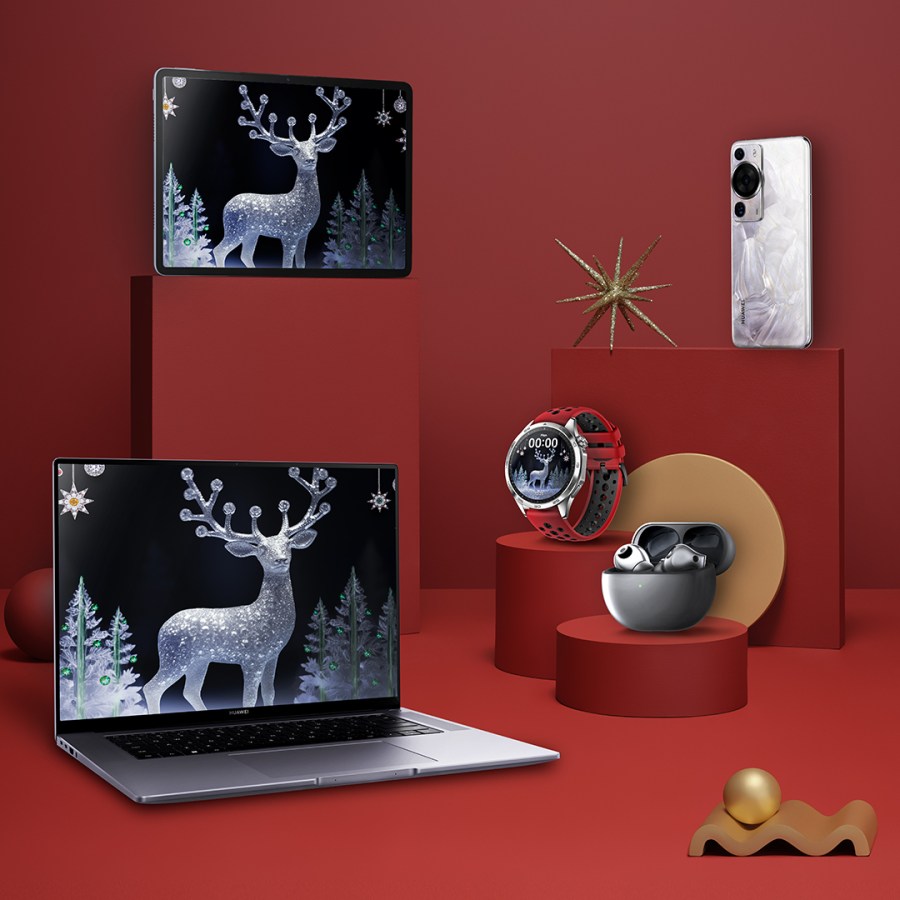 Huawei products lined up on red background