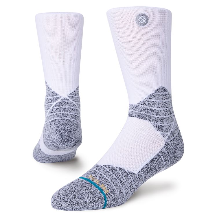 Product shot of white running socks