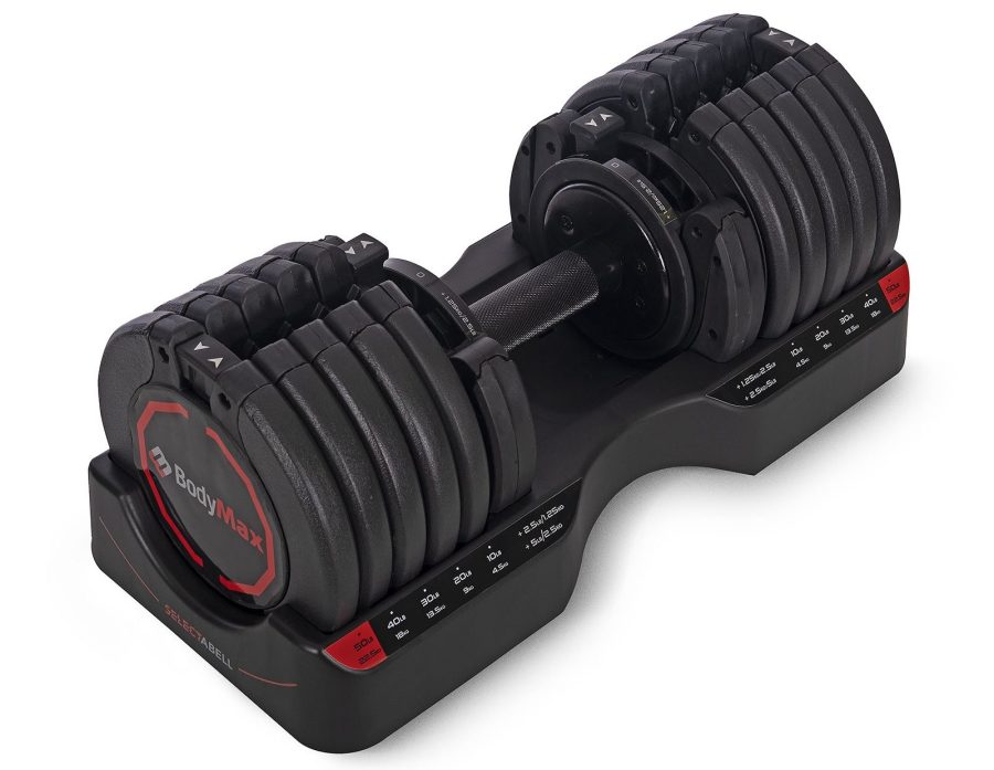 Product shot of a BodyMax adjustable dumbbell on white background