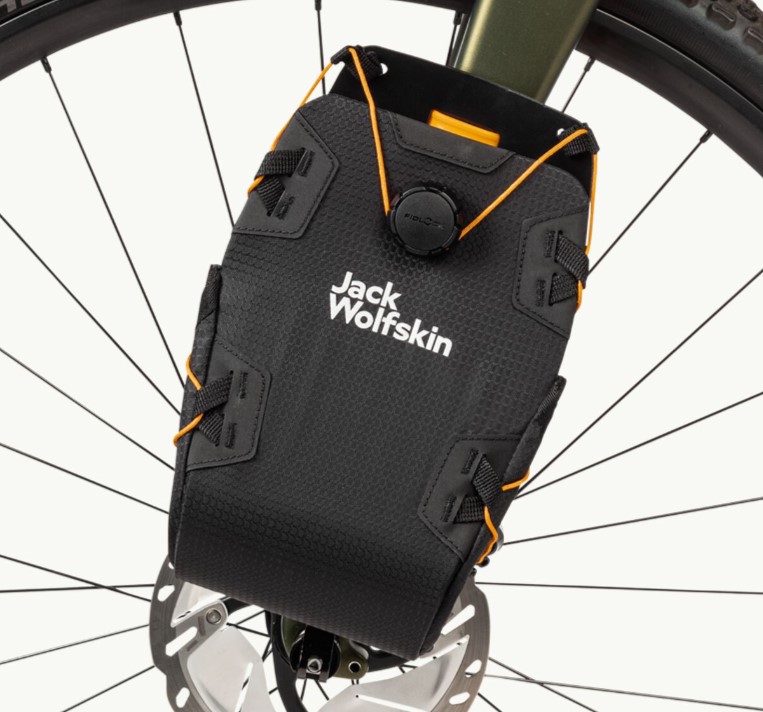 Close-up of a fork bag attached to a bike fork.