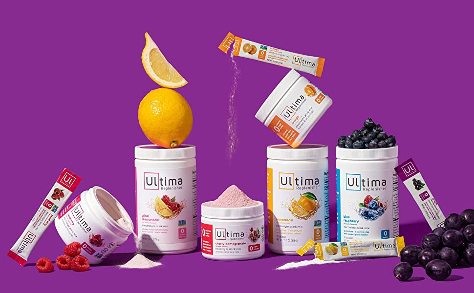 group shot showing different flavours and sizes of Ultima Replenisher drink powder