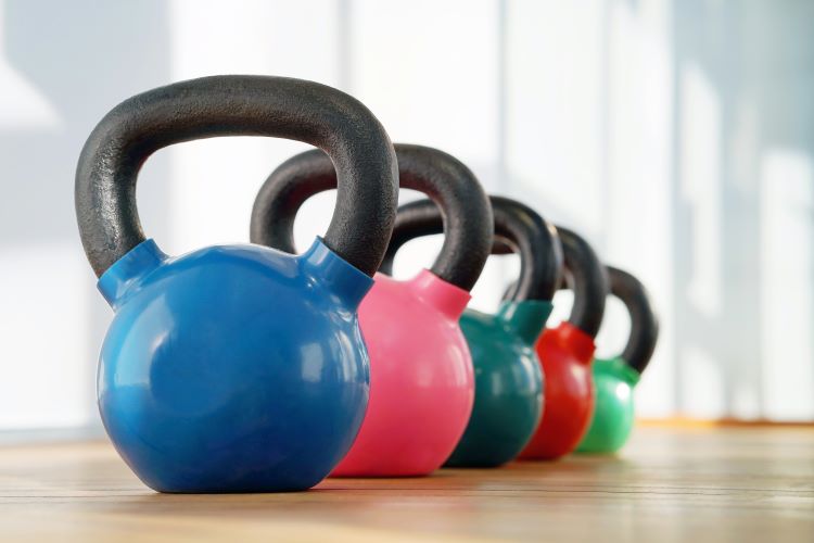 Collection of colorful kettlebells
