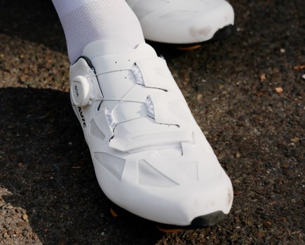 Close-up of a white road cycling shoe