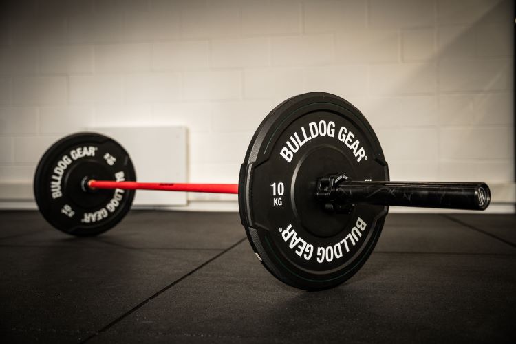 Rubber bumper weight plates on a barbell
