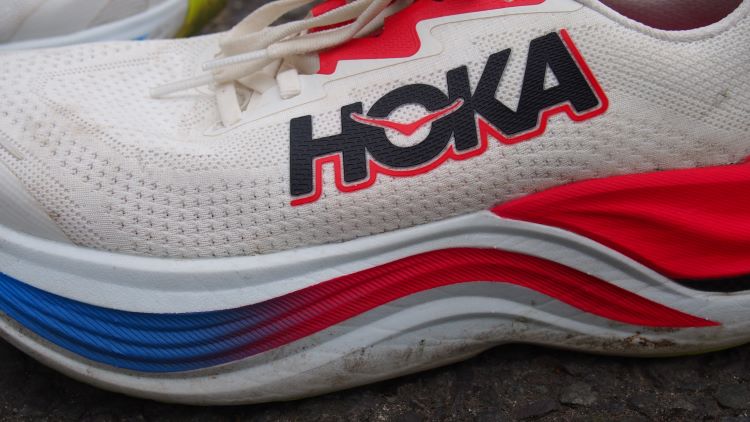 Close-up of material used in the uppers of a Hoka running shoe