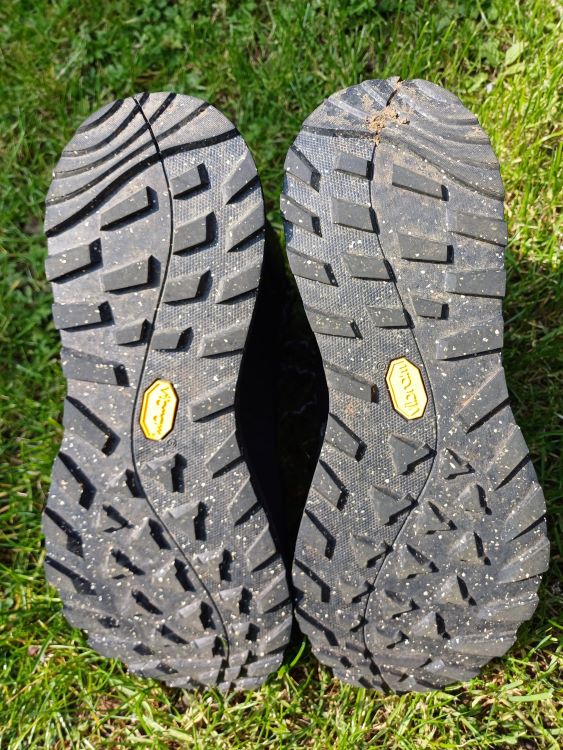 Close up of hiking boot soles