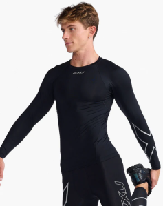 2XU Core Compression Long Sleeve compression shirt, modeled in black.