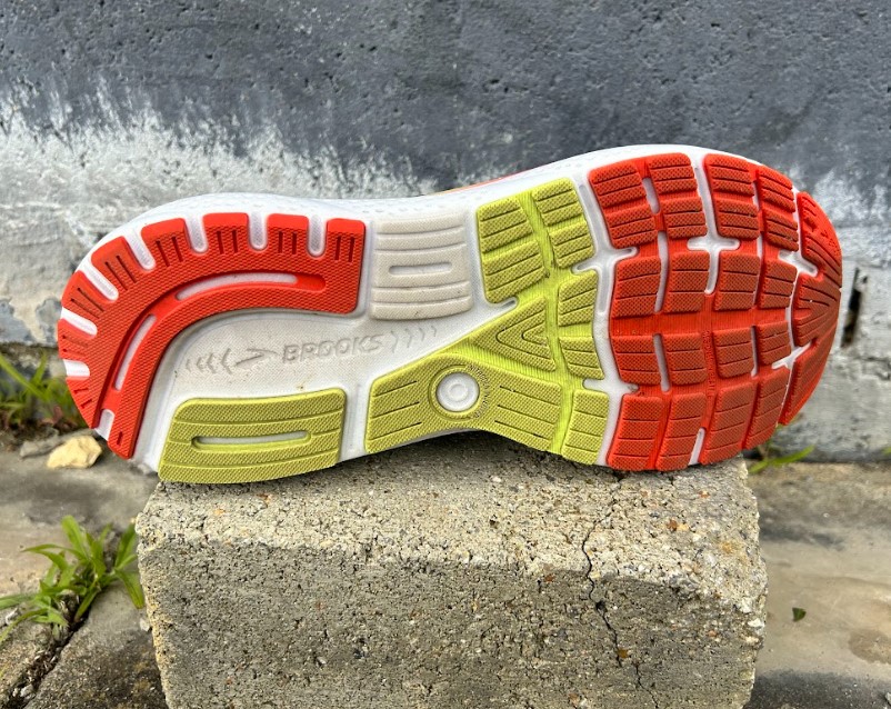 The outsole of a Brooks running shoe