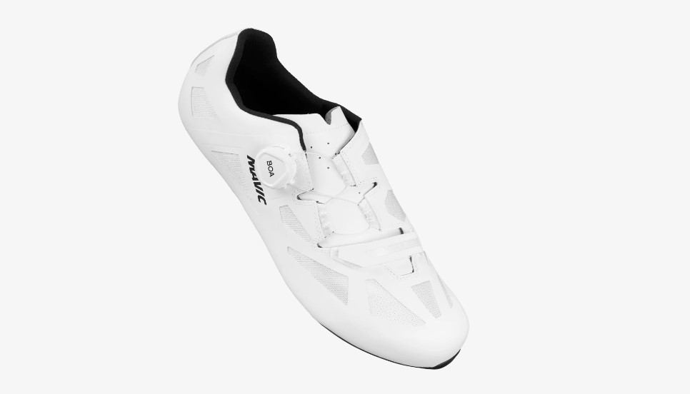 Product shot of white road cycling shoe